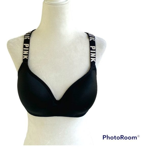 VS PINK ULTIMATE Push Up Sports Bra Sz Medium A-C Cup Black w Logos Racerback - Picture 2 of 12